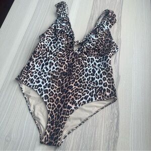 H&M One-Piece Feminine Swimsuit -Size L Deep V Neckline Ruffle Straps Front Tie